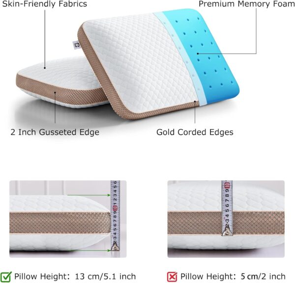 Memory Foam Pillows Set of 2 Standard Size Medium Firm Pillows 2 Pack for Sleeping - Image 3