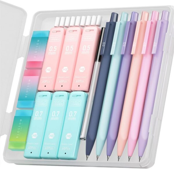 Four Candies Cute Mechanical Pencil Set, 6PCS Pastel Mechanical Pencils 0.5 & 0.7mm with 360PCS HB Pencil Leads,