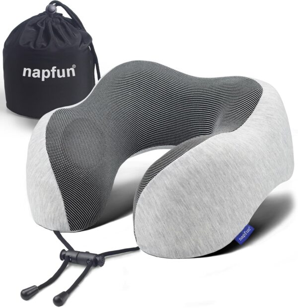 napfun Neck Pillow for Traveling, Upgraded Travel Neck Pillow for Airplane 100% Pure Memory Foam