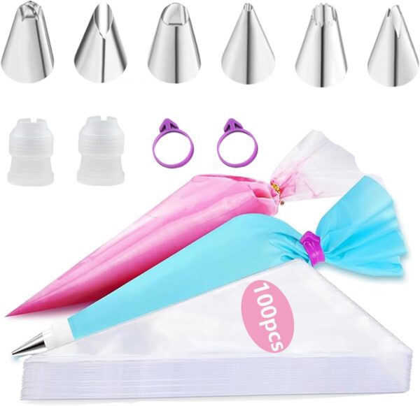 Piping Bags and Tips Set, Cakes Decorating Supplies Kit with 100pcs 12 Inch Pastry Bags