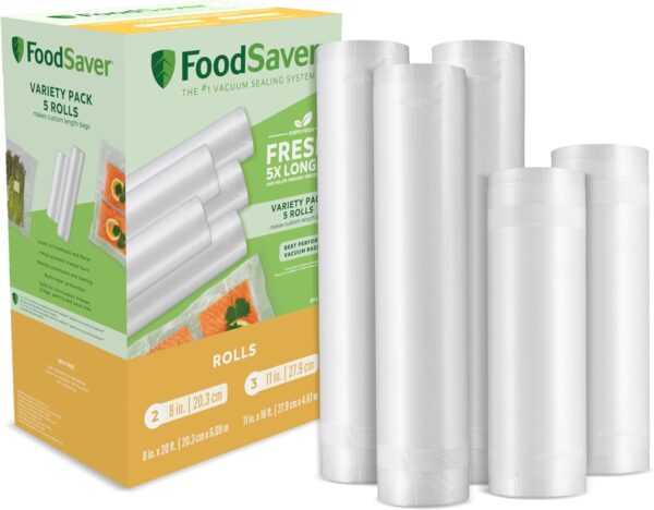 FoodSaver Custom Length Vacuum Sealer Bags Multipack, 5 Count Rolls for Airtight Food Storage and Sous Vide