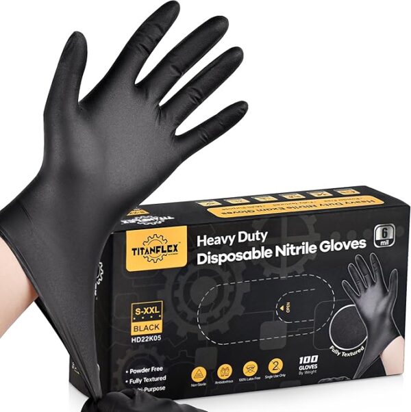 Heavy-Duty Black Disposable Nitrile Gloves, Box of 100, 6-mil