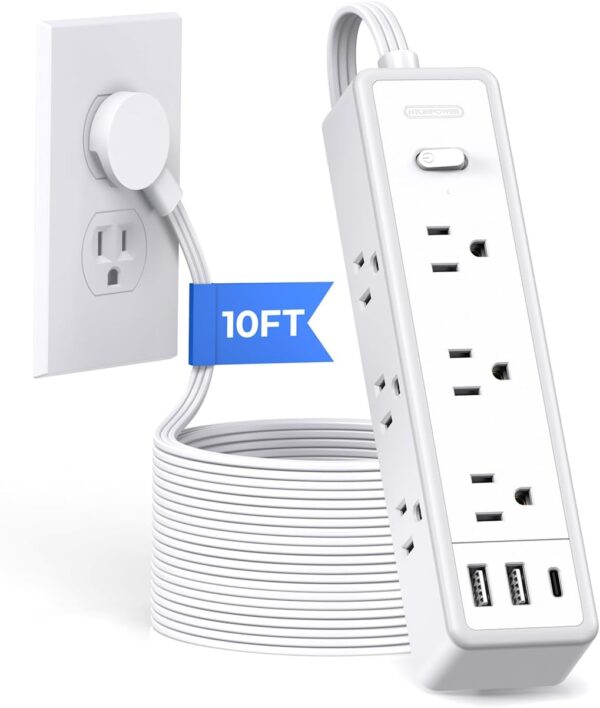Surge Protector Power Strip 10 FT, Flat Extension Cord with 9 Widely Outlets 3 USB Ports(1 USB C)