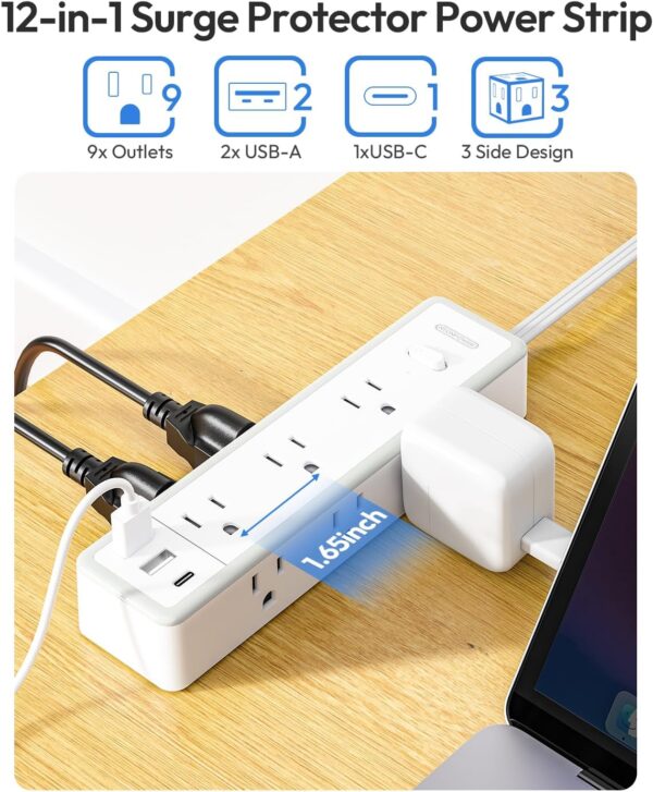 Surge Protector Power Strip 10 FT, Flat Extension Cord with 9 Widely Outlets 3 USB Ports(1 USB C) - Image 2