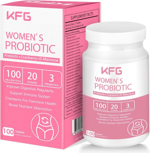 KFG Women's Probiotic, 100 Billion CFUs, 20 Strains, with Organic Prebiotics+Cranberry & D-Mannose