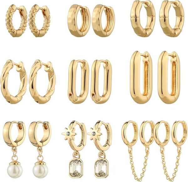 9 Pairs Gold Chunky Hoop Earrings Set for Women, 14K Gold Plated