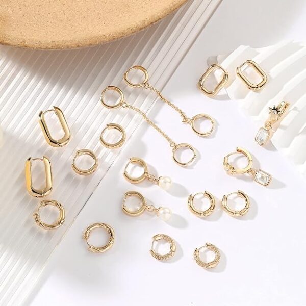 9 Pairs Gold Chunky Hoop Earrings Set for Women, 14K Gold Plated - Image 2