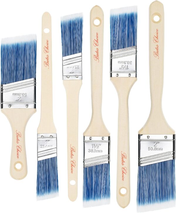 Paint Brushes - 6 Pack, 1", 1.5", 2" Angle Brushes, Treated Wood Handle for Walls