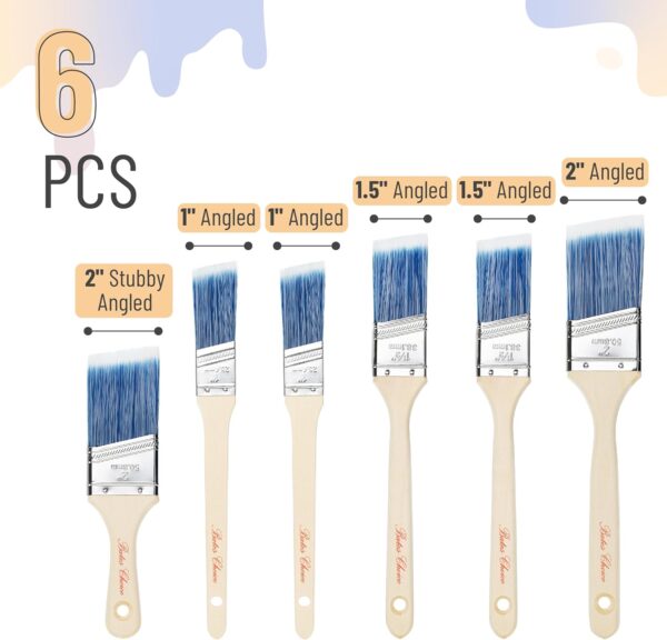 Paint Brushes - 6 Pack, 1", 1.5", 2" Angle Brushes, Treated Wood Handle for Walls - Image 3