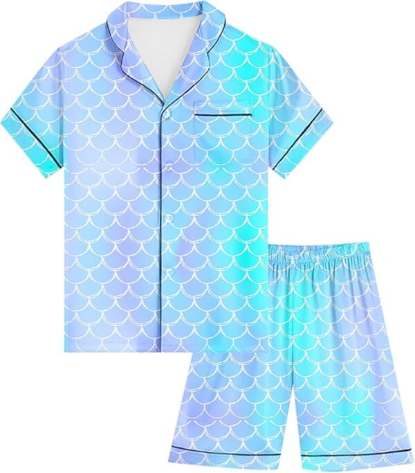 Kids Girls Pajama Set Silky PJS Button-Down Sleepwear Nightwear