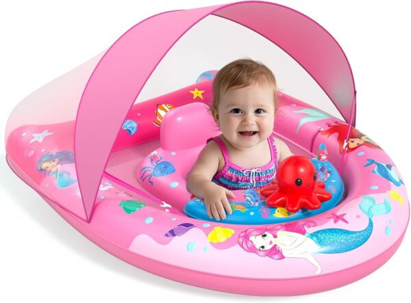 Sunrad Baby Pool Float with Canopy UPF50+ Sun Protection, Inflatable Baby Swim Float