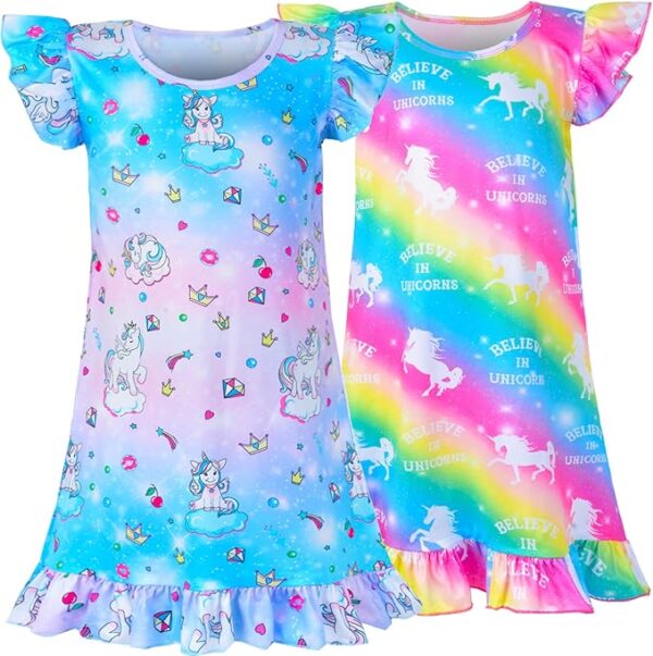 2pcs Girls Nightgowns, Unicorn Nightgown Princess Pajama Dresses