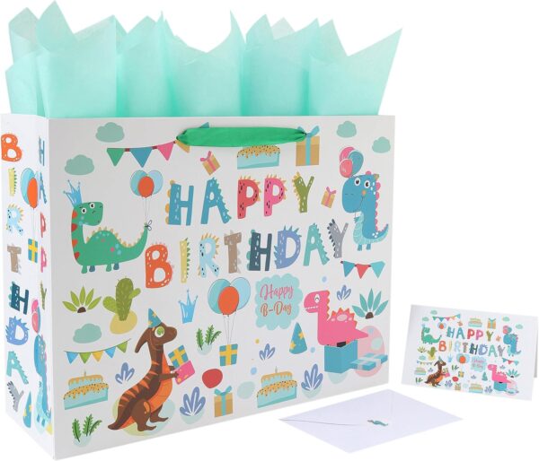 16.5” Extra Large Dinosaur Happy Birthday Gift Bag Set with Handles, Greeting Card