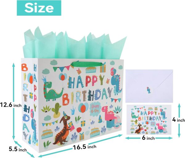 16.5” Extra Large Dinosaur Happy Birthday Gift Bag Set with Handles, Greeting Card - Image 4