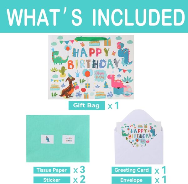 16.5” Extra Large Dinosaur Happy Birthday Gift Bag Set with Handles, Greeting Card - Image 3