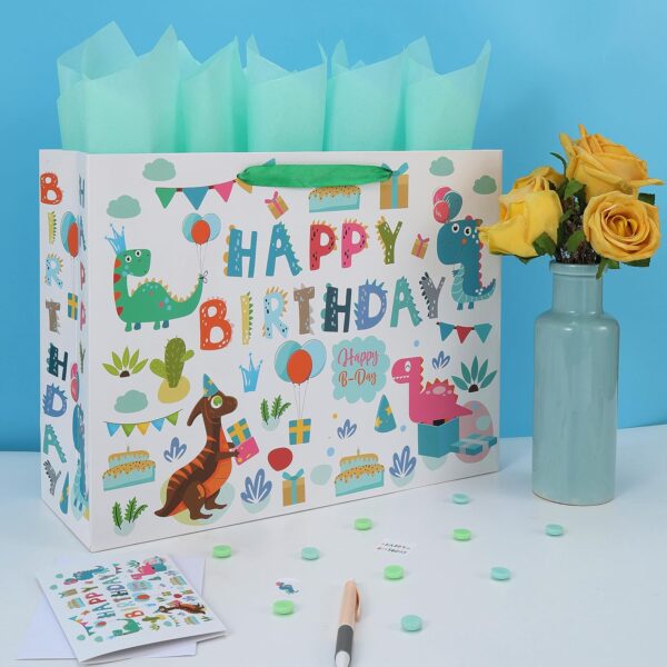 16.5” Extra Large Dinosaur Happy Birthday Gift Bag Set with Handles, Greeting Card - Image 2